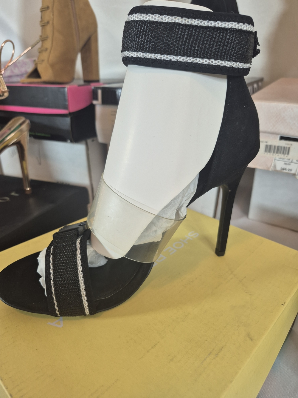 Shoe Republic LA Black Suede Ankle Strap Stiletto Sandals with Clear Band